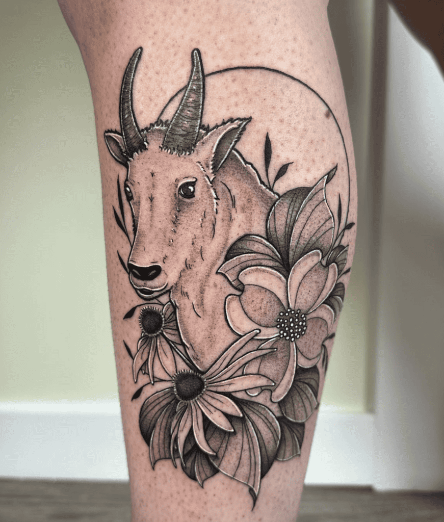 Mountain Goat Flowers Tattoo