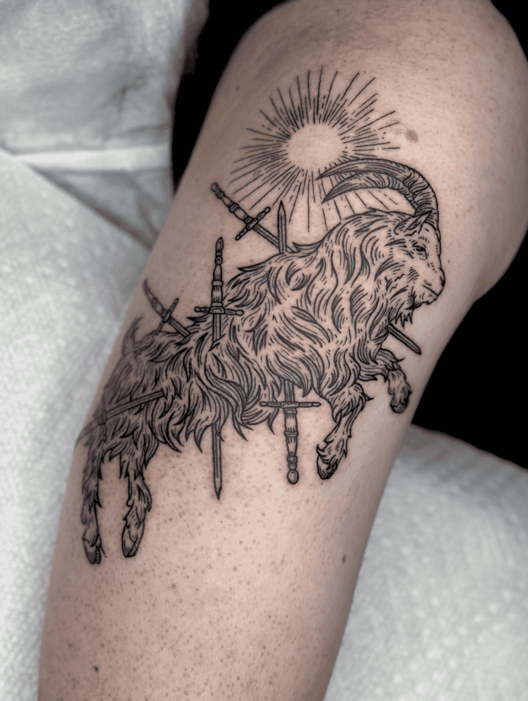 Black Phillip Sword Goat Tattoo