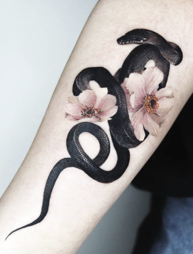 Snake Flowers Animal Tattoo