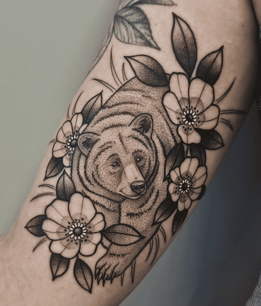 Brown Bear Flowers Tattoo