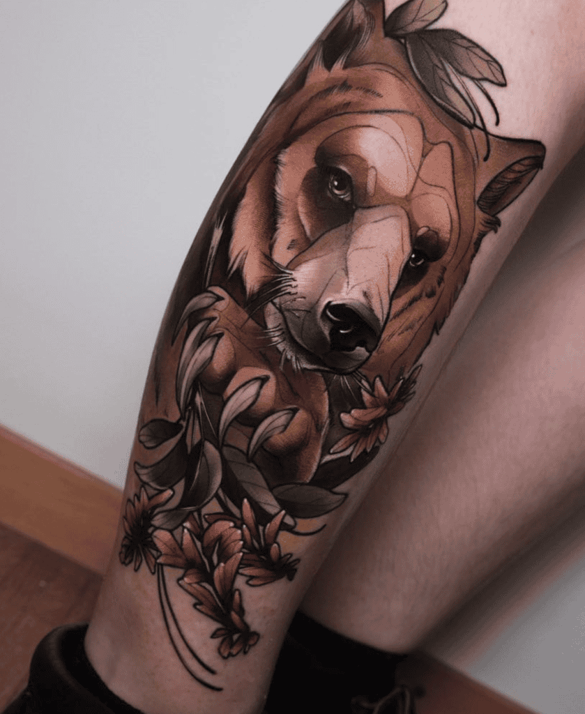 Grizzly Bear Flowers Tattoo