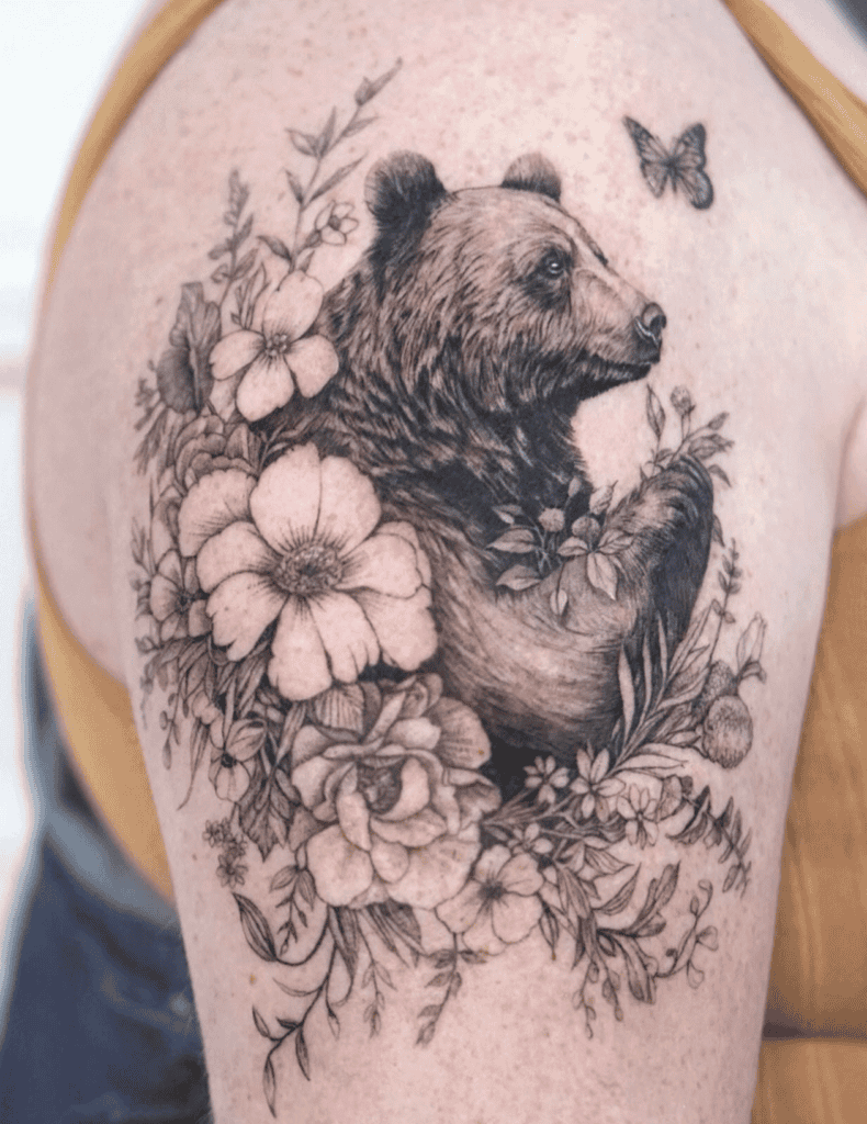Kodiak Bear Flowers Tattoo